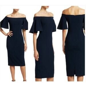 Theia Dress Cold Shoulder Bell Sleeve Knee Length Sheath Cocktail Navy Blue 10